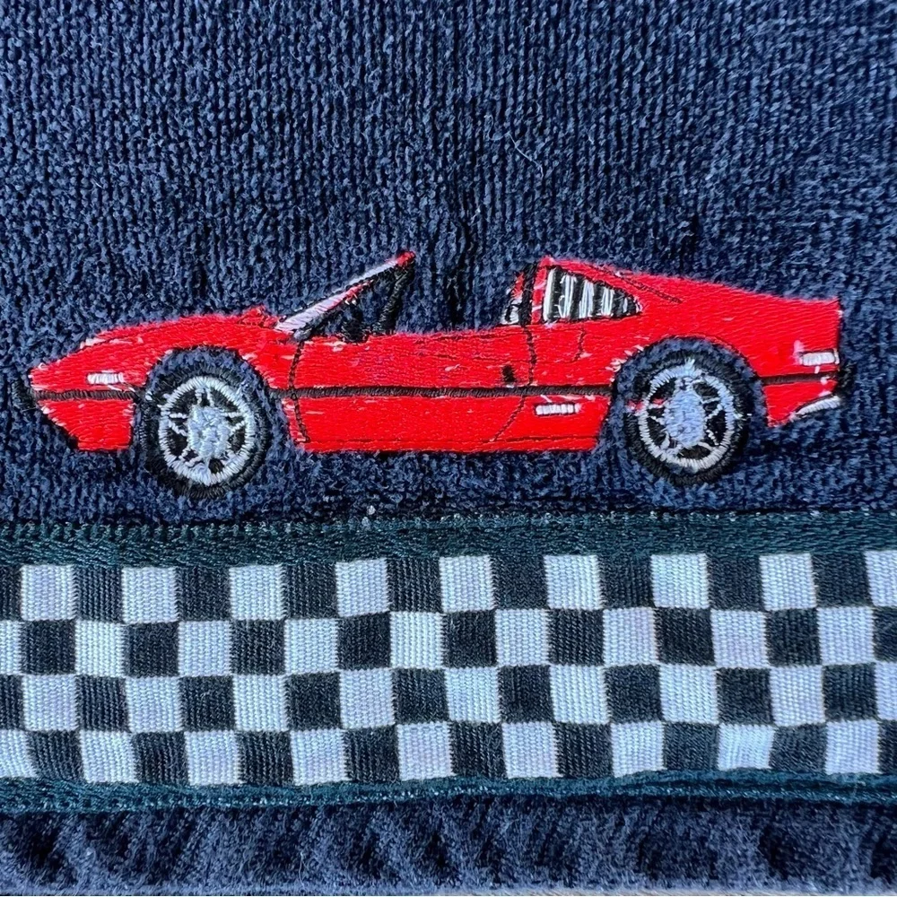 Vintage Ames Corvette Hand Towel Checkerboard Border Cotton Velour 16x30 GUC